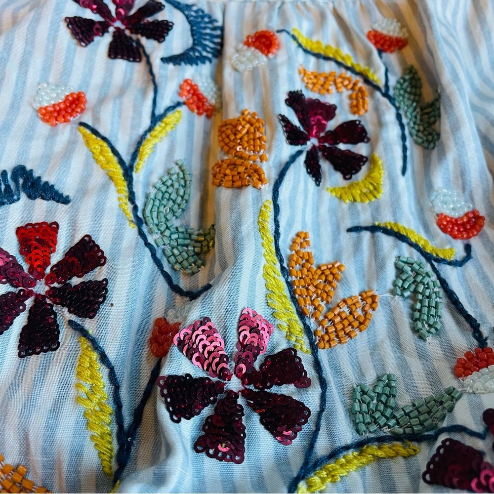 ANTHROPOLOGIE | Beaded Puff-Sleeved Blouse Blue White Small Fairycore Coquette - Picture 7 of 11